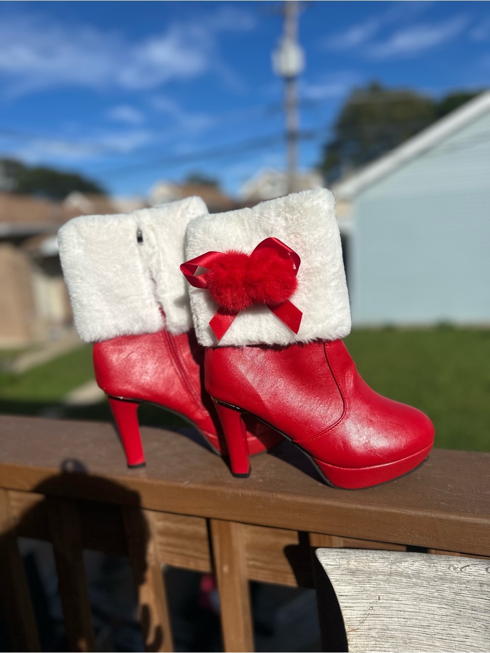 Red Faux-Fur Cuff High Heel Booties